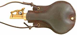 Shot flask,
adjustable brass
English charger head,
molded oak tan leather body